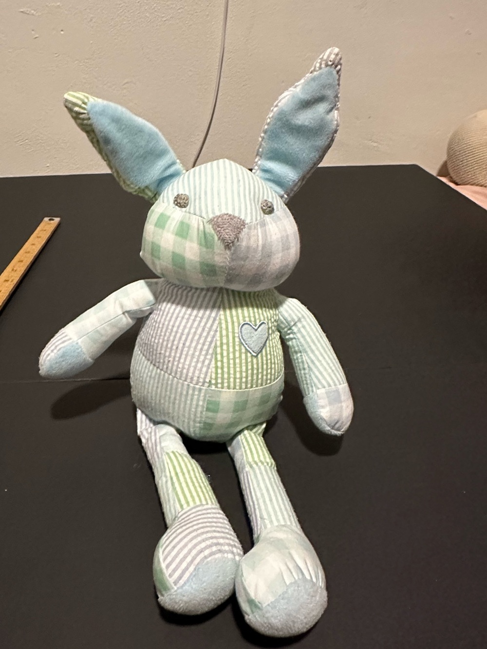 Pottery Barn Kids Plush Patchwork Bunny Soft Toy in Light Blue & Green